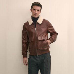 Brooks Brothers Brown Leather Bomber Jacket with Cream Shearling Collar